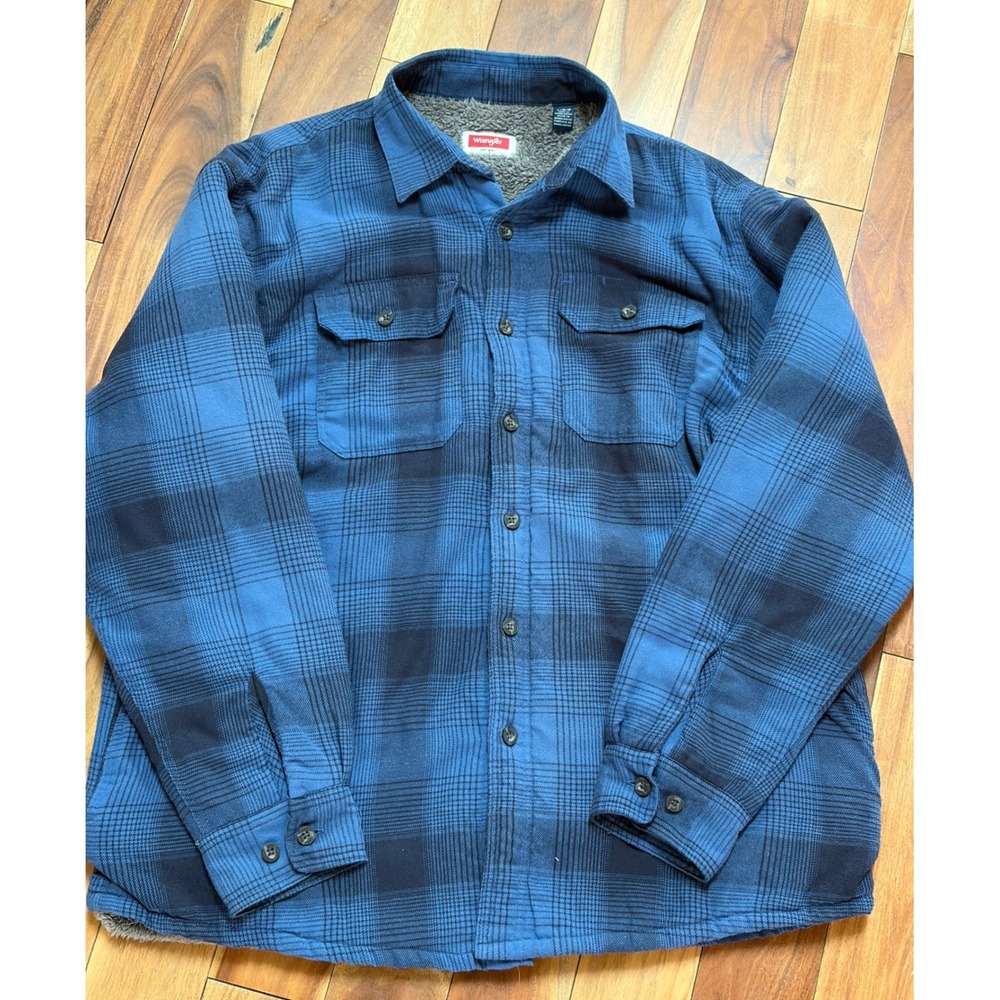 Wrangler Mens Blue Plaid Sherpa Lined Flannel Shirt Jacket Large L/G/G